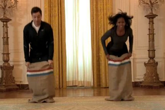 Jimmy Fallon Michelle Obama Potato Sack race Jimmy Fallon Michelle Obama Potato Sack race