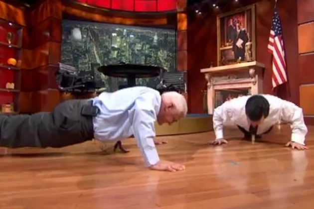 Push up contest Stephen Colbert Bob Lutz Push up contest Stephen Colbert Bob Lutz